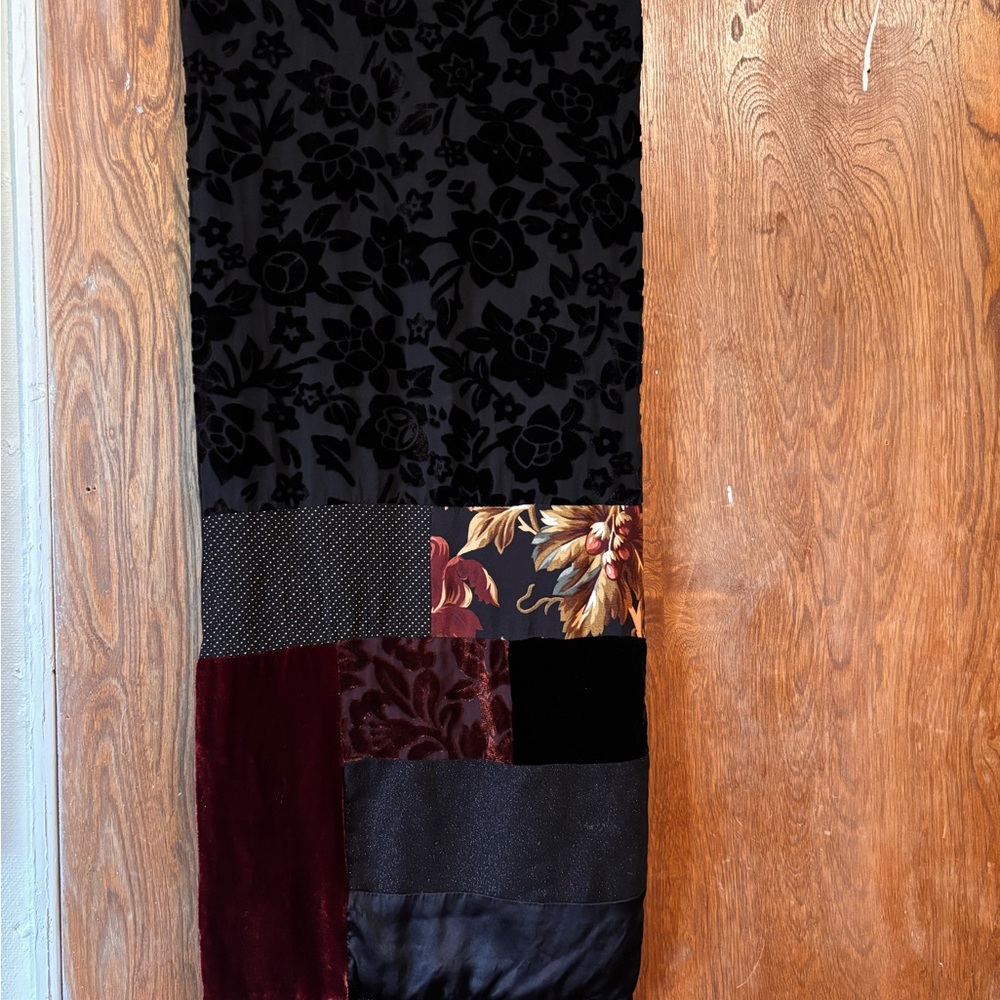 Elegant Silk and Velvet Black, Burgundy Patchwork Scarf